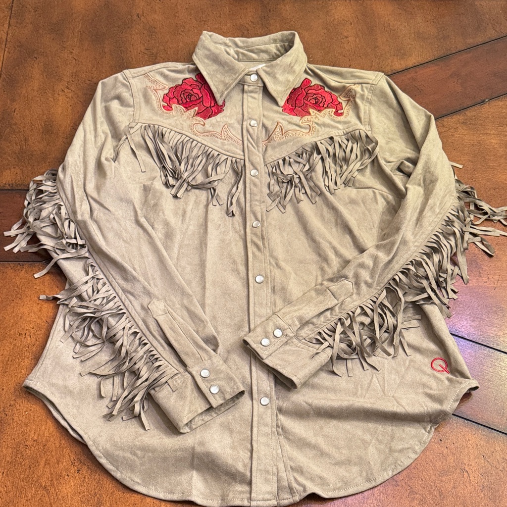 Tan Fringe Western Blouse With Red Embroidery